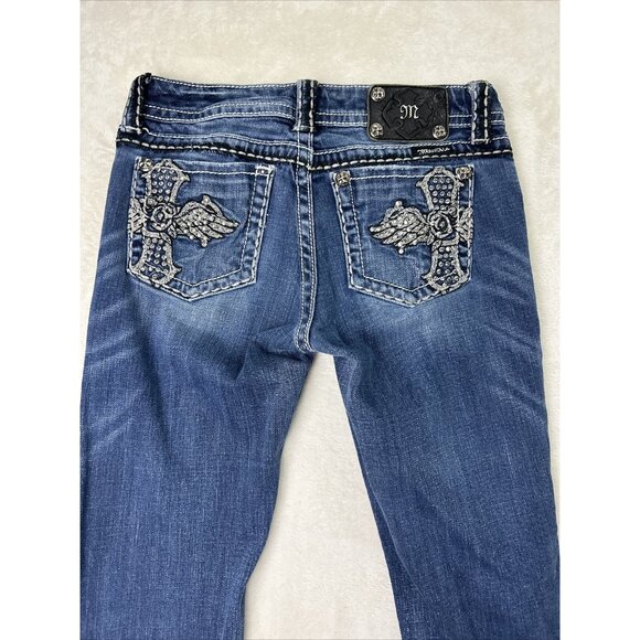 MissMe Jeans Women’s Size 28 Style JP5095 Bootcut Blue Rhinestone Cross pockets - Picture 1 of 13